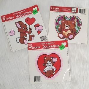 Vintage 90s Valentines Day Holiday Decor Window Cling Set Three Heart Bunny Bear